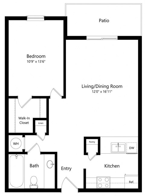 Floor plan for 1 bed, 1 bath, 620 sqft